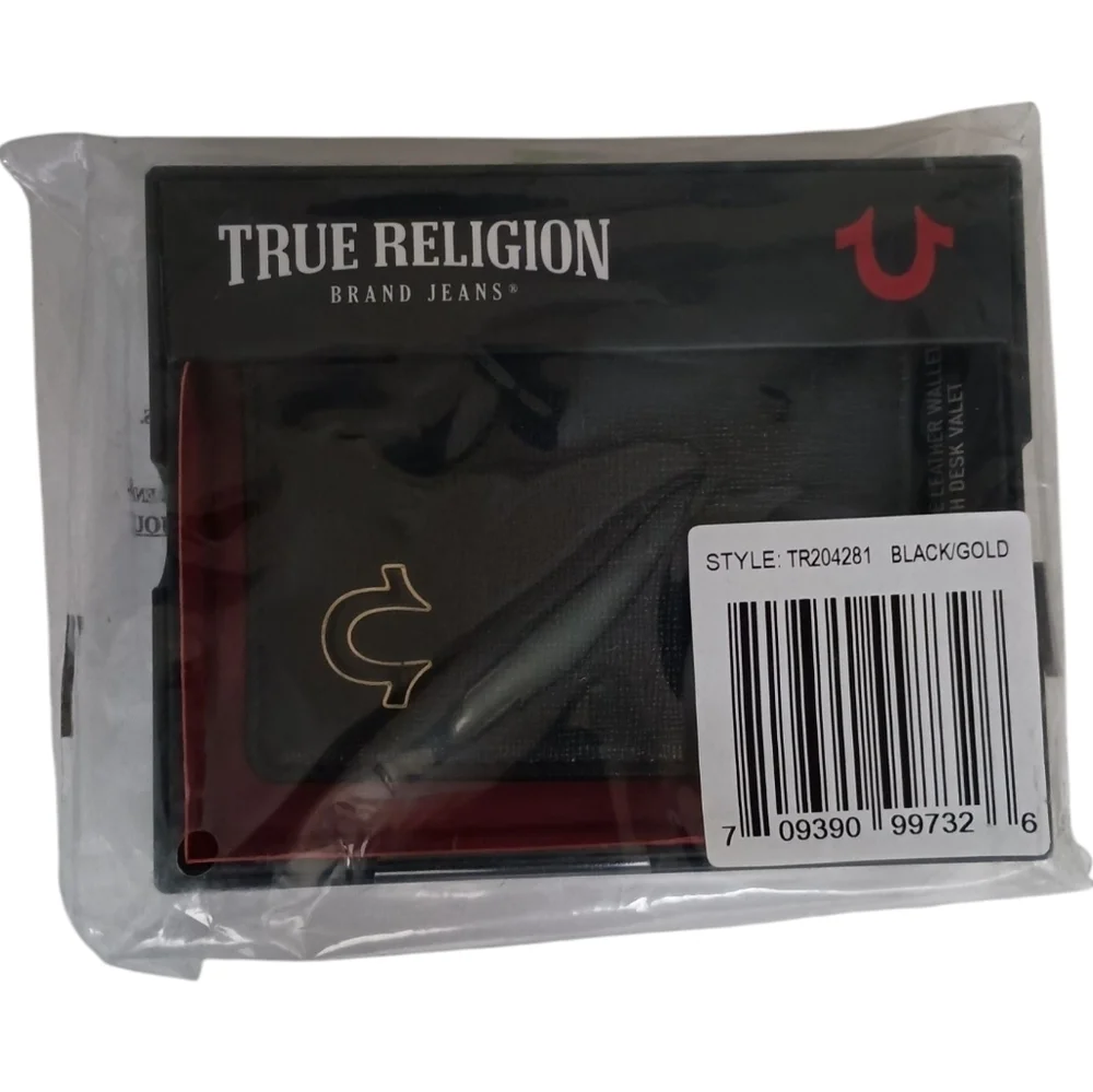 True Religion RFID Wallet Kan Horseshoe Black Leather Bifold
